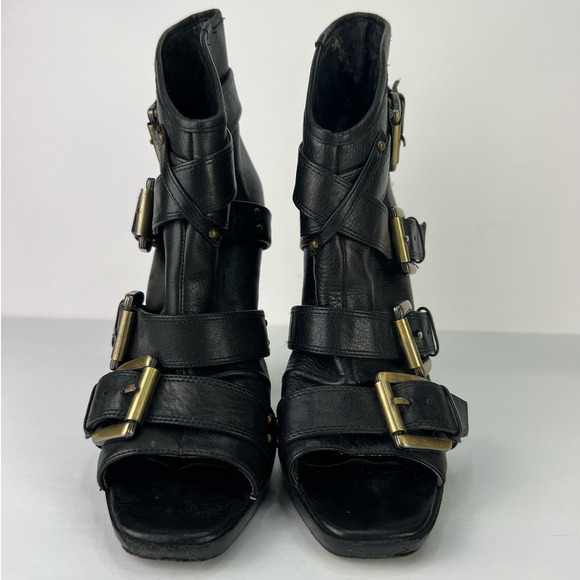 ALDO Womens Black Leather Buckle Open Toe Platform Booties Stiletto Heels 38/7.5 - Picture 4 of 9